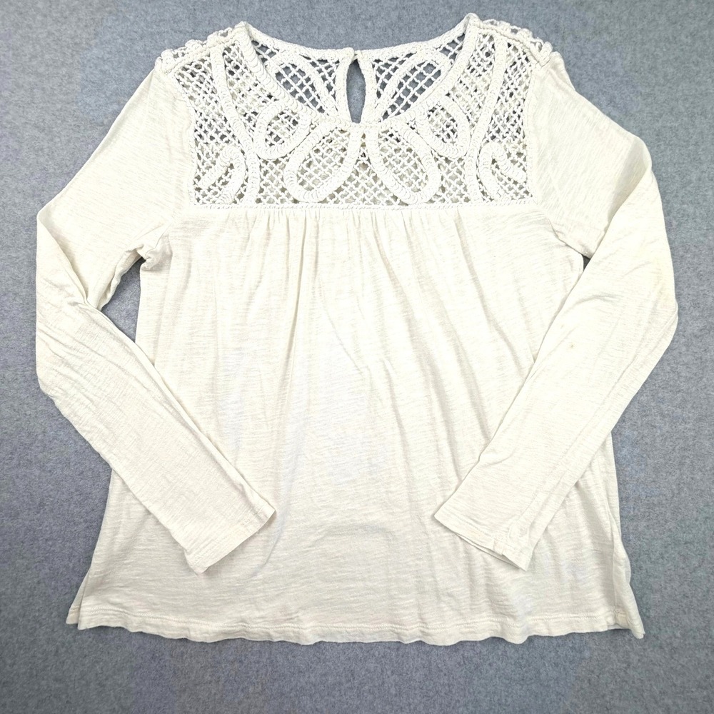 Gap Womens Crochet Lace Yoke Long Sleeve Top Ivory Slub Cotton S 520951-01
